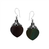 "Sterling silver black shell heart earrings with pearl accents, elegant handcrafted Bali jewelry for women"